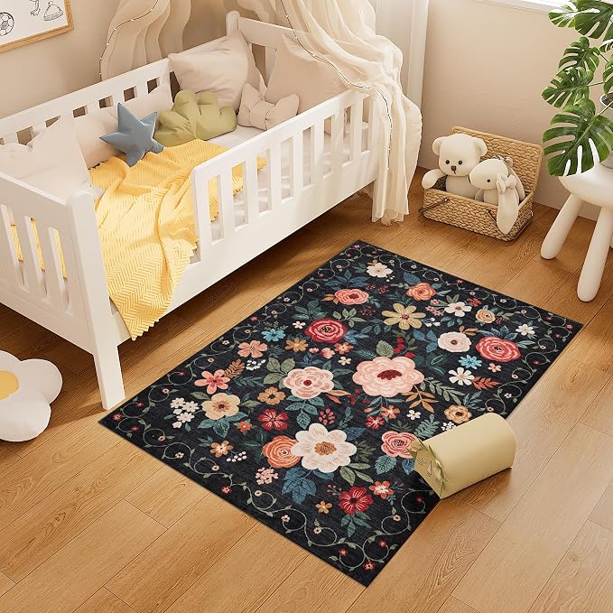 DUKINO 3x4 Area Rug, Floral Washable Rug for Kitchen Non Slip, Black | Low Pile, Soft, Stain Resistant Indoor Rug for Entryway, Bedroom, Bathroom, Laundry, Pet Friendly, Home Decor, Lightweight