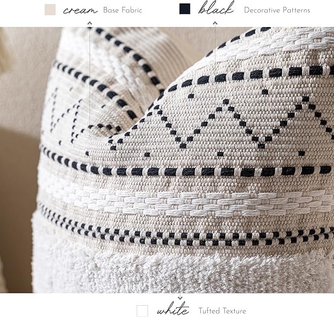 BlissBlush Decorative Throw Pillow Covers 18x18 Combo Set of 2 Square Boho Black Neutral Accent Pillowcase Tassels Farmhouse Cushion for Couch Sofa Bedroom Living Room Home Décor Cover ONLY