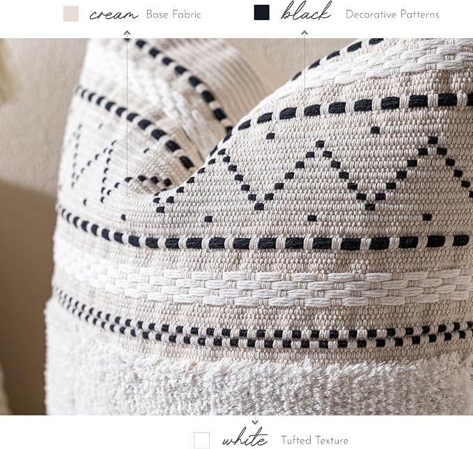 BlissBlush 18X18 Throw Pillow Cover, Cream Neutral Square Decorative Cushion Cover with Black Pattern, Boho Accent Pillowcase with Tufted Details and Tassels for Couch Sofa Living Room (Cover Only)