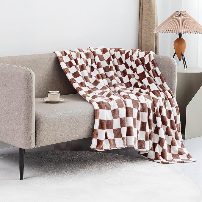 LOMAO Throw Blankets Flannel Blanket with Checkerboard Grid Pattern Soft Throw Blanket for Couch, Bed, Sofa Luxurious Warm and Cozy for All Seasons (Coffee, 40"x60")