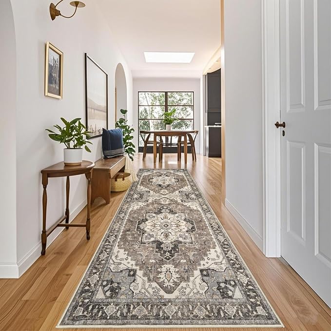RUUGME Washable 4x10 Runner Rug - Hallway Ultra-Thin Soft Rugs Wide Vintage Stain Resistant Carpet with Non-Slip Rubber Backing Low Pile Indoor Floor Mat for Kitchen Living Room Bedroom (Beige,4x10)