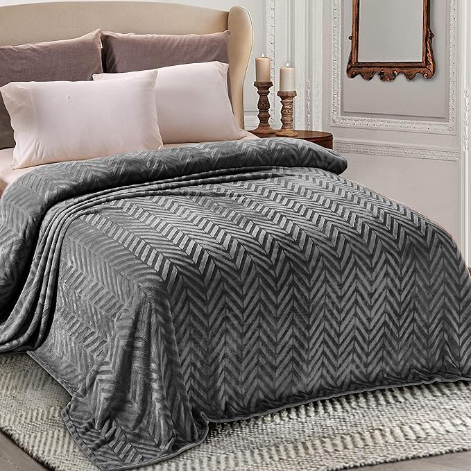 Whale Flotilla Flannel Fleece Bed Blanket Twin XL Size, Dark Grey | Lightweight Breathable Soft Bedspread, Plush Fluffy Coverlet Chevron Design Decorative Blanket for All Season, 90x66 Inch