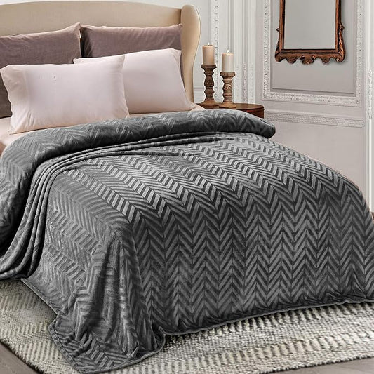 Whale Flotilla Flannel Fleece Bed Blanket Queen Size, Dark Grey | Lightweight Breathable Soft Bedspread, Plush Fluffy Coverlet Chevron Design Decorative Blanket for All Season, 90x90 Inch