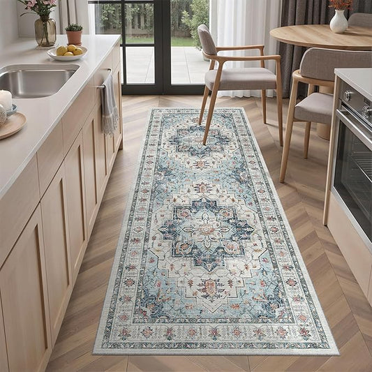 Madane Washable Runner Rug 2x6 Runners for Hallways Non Slip, Blue | Vintage Stain-Resistant 6 Feet Kitchen Rug, Soft Low-Pile Ultra-Thin Floor Carpet Mat for Bathroom Laundry Room Bedroom 2x6ft