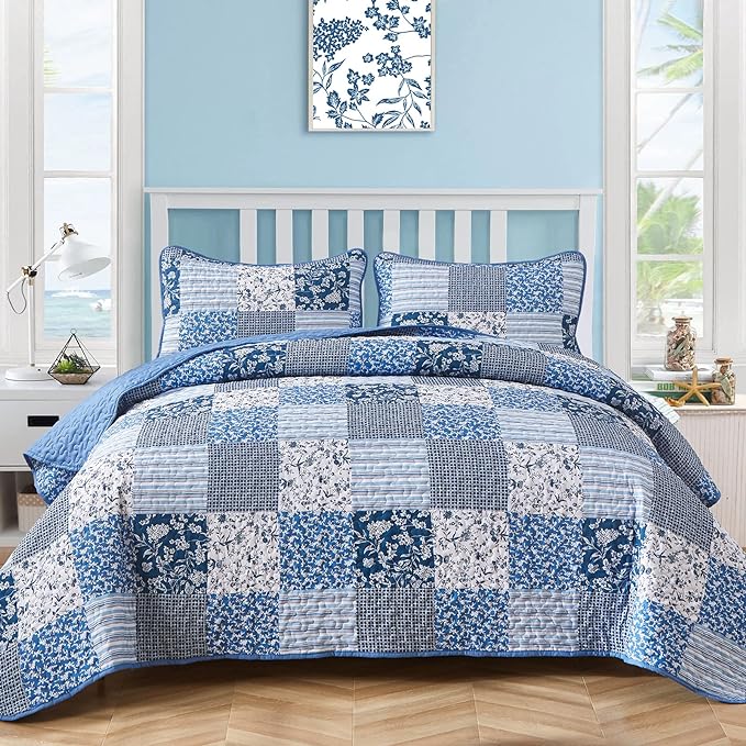 Mybedsoul Boho Quilts Queen Size, Patchwork Floral Bedding Set, Blue | Soft Lightweight Microfiber Coverlet Set, 3 Pieces Plaid Reversible Bedspread, Bed Sets for All Seasons 90"x96"