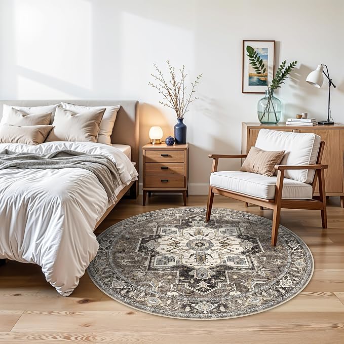 RUUGME Ultra-Thin Washable Round Rug: 4ft Vintage Circle Area Rugs for Living Room Bedroom Stain Resistant Carpet Non-Slip Backing Soft Low Pile Floor Mat for Dinning Room Entryway(Beige,4'Round)