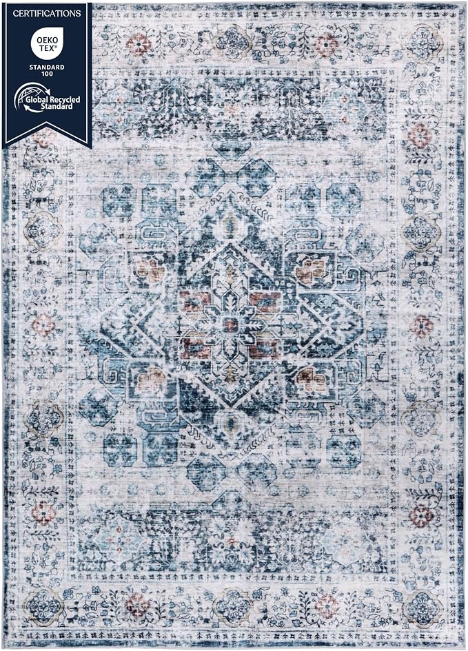 Machine Washable Area Rug, Soft & Durable, Non-Slip, Stain Resistant Rug for Bedroom, Living Room, Dining Room, High Traffic Areas. (Blue/Coral, 9' X 12')