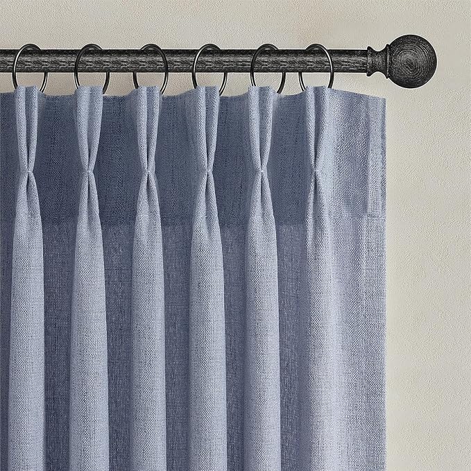 Sheer Linen Pinch Pleated Light Filtering Greyish Blue 90 Inch Curtains