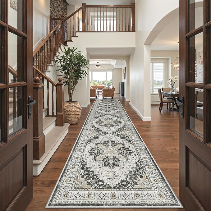 Madane Hallway Runner Rug 3x14 Washable Kitchen Runners Long, Black | Vintage Non-Slip Wide Area Rugs 14ft for Entryway, Low-Pile Farmhouse Indoor Floor Carpet for Living Room Bedroom