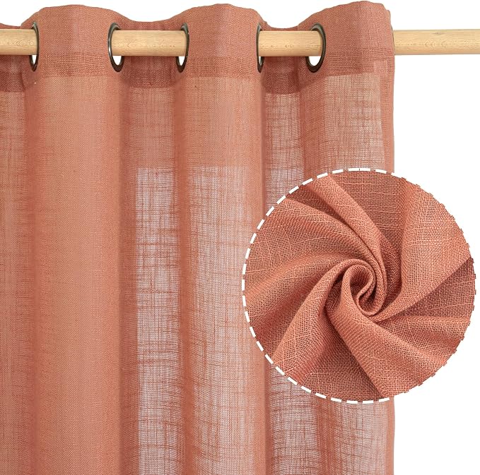 Light Filtering Sheer Linen Curtains 102 inches Long for Living Room | Terracotta, Curtains for Bedroom, Farmhouse, Dining Room, Linen Textured Boho Drapes, Bronze Grommet, 2 Panels, 52 x 102 Inch