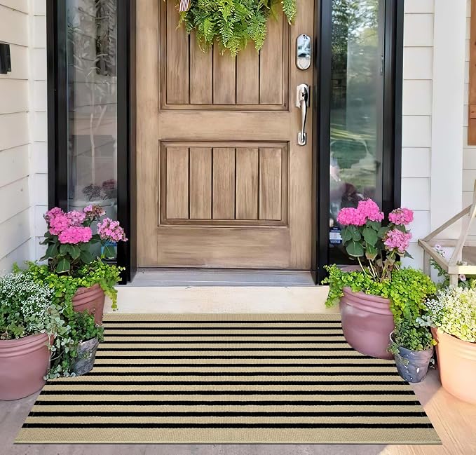 Front Door Mat Outdoor 2'x3',Black and Khaki Striped Outdoor Rug Washable Cotton Layered Door Mat Entryway Throw Rug for Indoor Entrance