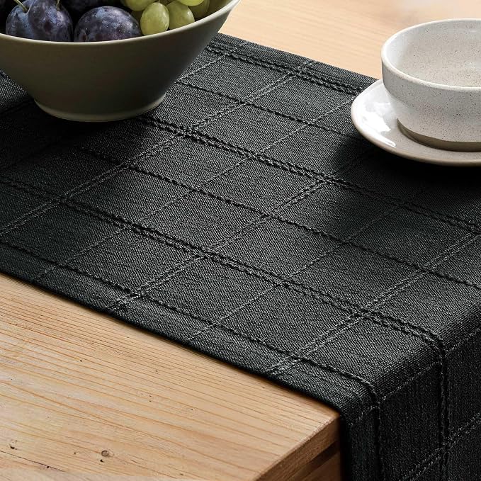 ZeeMart Linen Checked Farmhouse Table Runner, 13x72 Inches Black | Raised Grid Design, Rich Woven Texture, Linen Blend Table Runners 72 Inches Long, Machine Washable, Boho Home Kitchen Decor