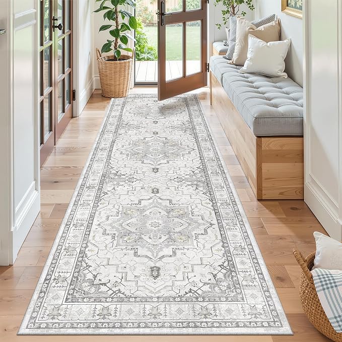 Madane Kitchen Runner 2'6''x8' Soft Rug Runners for Hallways, Grey | Vintage Machine Washable Rugs 2.5x8 Ft, Non-Slip Low Pile Stain-Resistant 8ft Floor Carpet for Laundry Room, Corridor