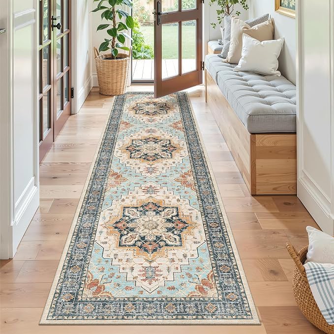 Madane Hallway Runner Rug 2x8 Washable Kitchen Rugs Non-Slip, Orange/Blue | Vintage Machine Washable Low-Pile Floor Carpet 8ft, Soft Ultra-Thin Throw Entry Foyer Mat for Entrance Laundry Living Room