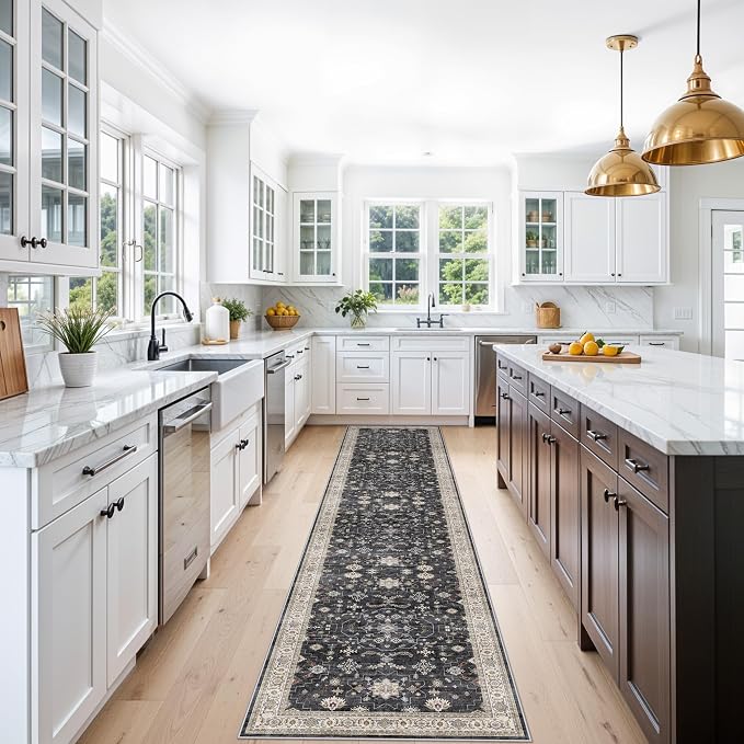 Hallway Washable 2'6x12 Runner Rug - Vintage Kitchen Rugs Non-Slip Soft Thin Farmhouse Carpet for Entryway Low Pile Indoor Floor Decor Mat for Bathroom Living Room Bedroom (Black/Multi,2'6"x12')