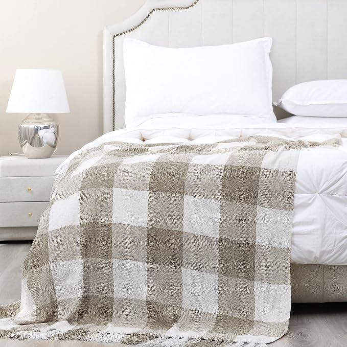 Beige White Buffalo Plaid Decor Blanket, Lightweight Soft Chenille Check Knitted Rustic Farmhouse Throw with Tassels for Couch Sofa Chair Bed Office Home, Tan and Ivory, 50" x 60"