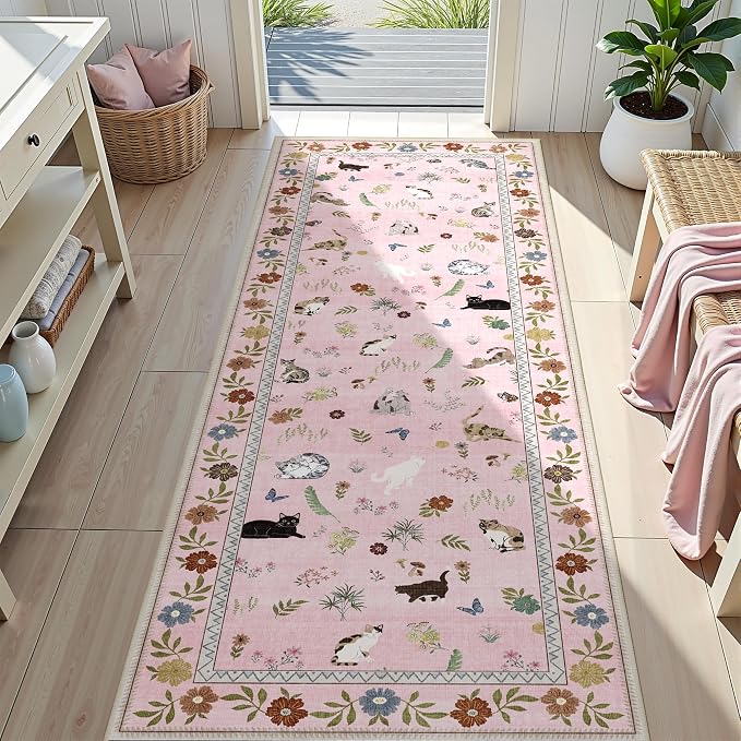 AIMPEAK Pink 2x6 Non Slip Runner Rug - Washable Cat Floral Kitchen Carpet with Rubber Backing, Soft Low Pile Long Mat for Kitchen, Laundry Room, Bedroom, Bathroom, Hallway, Pink Multi