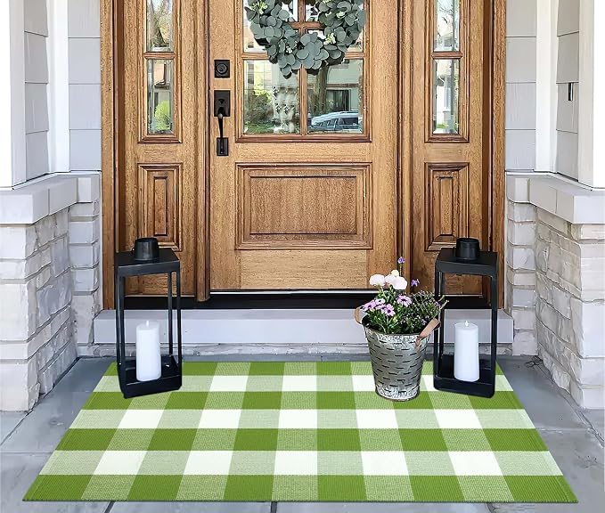 Buffalo Plaid Outdoor Rug 27.5''x 43.3''Green and White Checkered Rug Cotton Machine Washable Farmhouse Mat for Outdoor, Kitchen, Farmhouse, Entryway,Bathroom
