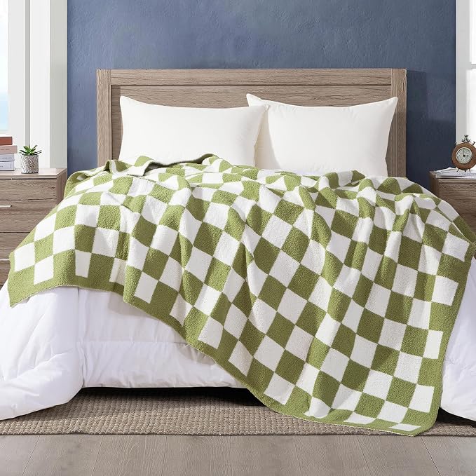 Elegant Comfort Premium Checkered Reversible Throw Blanket - Ultra Soft and Lightweight, Luxury Knitted Breathable Fleece for Couch, Bed, Sofa - Warm Velvet Fluffy Throw, 50 x 70 Inch, Sage