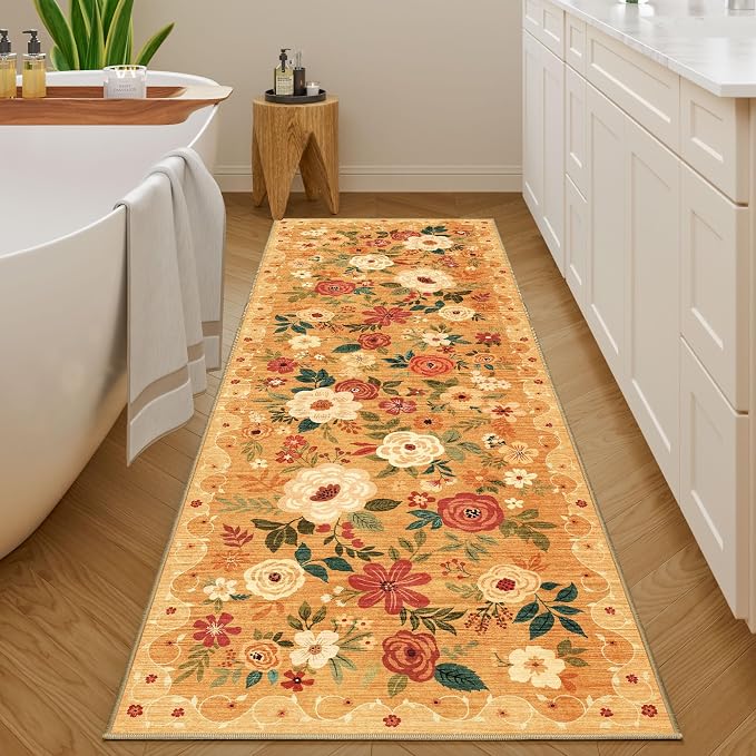 DUKINO 2.6x8 Runner Rug, Washable Runner Rug for Hallway Non Slip, Orange | Low Pile, Soft, Floral Indoor Rug for Kitchen, Entryway, Bedroom, Bathroom, Pet Friendly, Stain Resistant, Modern Home Decor