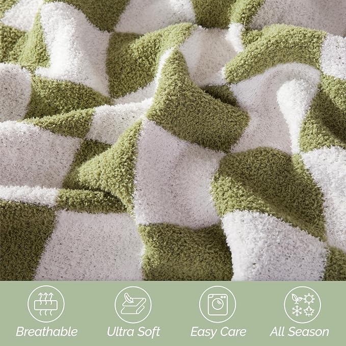 Elegant Comfort Premium Checkered Reversible Throw Blanket - Ultra Soft and Lightweight, Luxury Knitted Breathable Fleece for Couch, Bed, Sofa - Warm Velvet Fluffy Throw, 50 x 70 Inch, Sage
