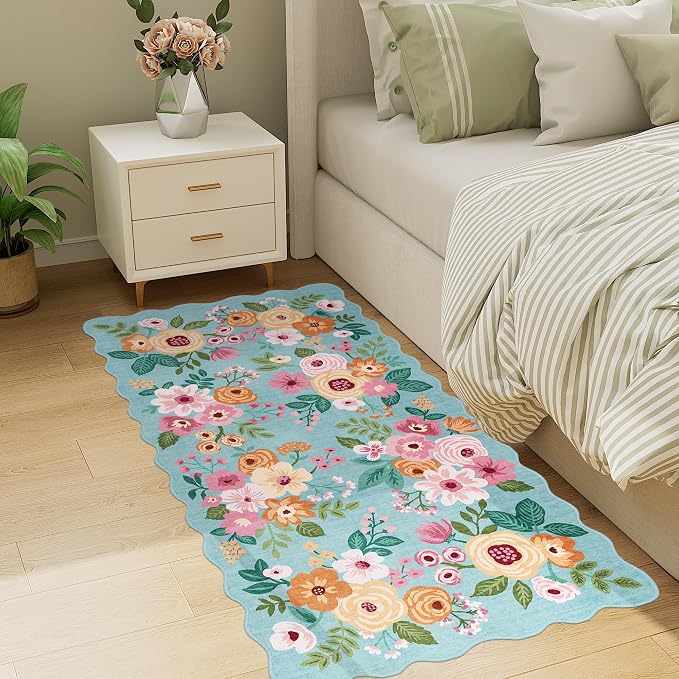 DUKINO 2x4 Rug for Entryway, Floral Washable Kitchen Rugs Non Slip, Teal | Soft, Low Pile, Stain Resistant Throw Runner Rug for Hallway, Bedroom, Bathroom, Laundry, Pet Friendly, Modern Home Decor
