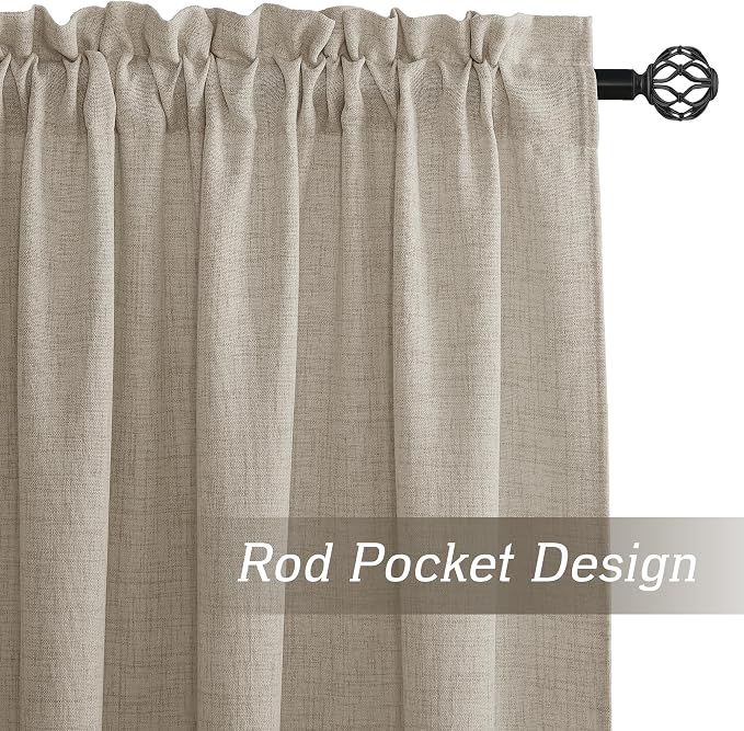 RYB HOME Linen Textured Semi Sheer Curtains 63 inches Long for Living Room | Half Privacy, Light Filtering, Faux Linen Blend, Office Nursery Laundry Dorm Bathroom, Natural, W52 x L63, 2 Panels Set