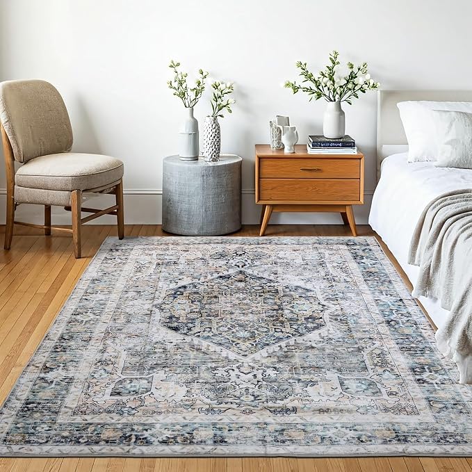 Machine Washable Area Rug, Soft & Durable, Non-Slip, Stain Resistant Rug for Bedroom, Living Room, Dining Room, High Traffic Areas. (Soft Gray Blue, 9' X 12')