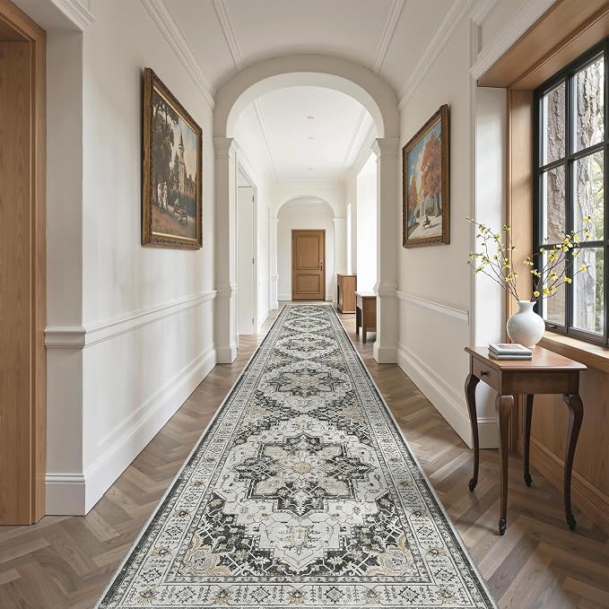 Madane Hallway Runner Rug 3x20 Washable Kitchen Runners 20ft, Black | Vintage Non Slip Extra Long Area Rugs , Low-Pile Farmhouse Wide Floor Carpet for Corridor Entryway Bathroom Bedroom