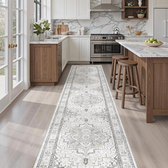Madane Washable Runner Rugs 2x10 Long for Hallway Kitchen, Grey | Non-Slip Low-Pile 10ft Rug Runners Soft, Stain-Resistant Floor Carpet Mat for Entrance, Living Dining Laundry Room, Stair