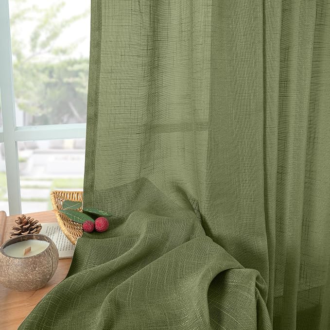 YoungsTex Green Linen Curtains, Olive Semi Sheer 84 Inches Long Drapes | Back Tab and Rod Pocket Lightweight for Bedroom Living Room Light Filtering, 2 Panels, 52 X 84 Inch