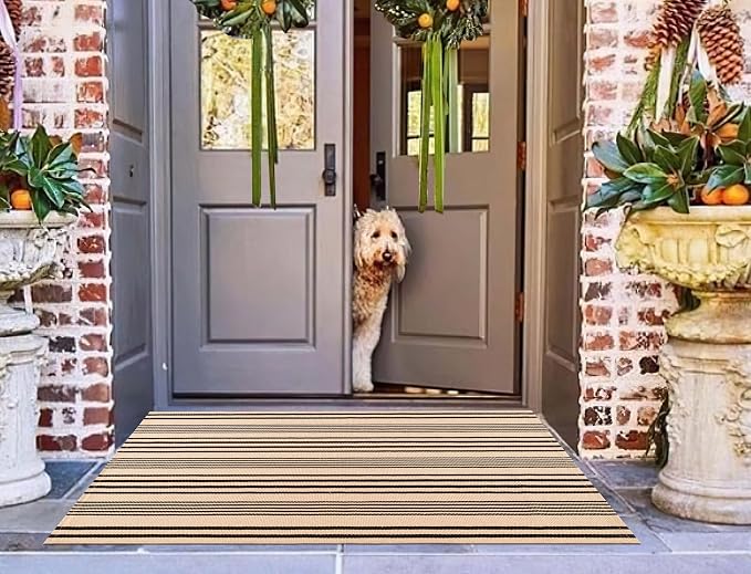 Black Khaki Striped Rug -2.3'x3.6' Front Door Rugs Outdoor, Small Washable Area Rug for Front Porch, Spring Summer Welcome Mats Outdoor Indoor, Doormat for Entryway Porch Entrance