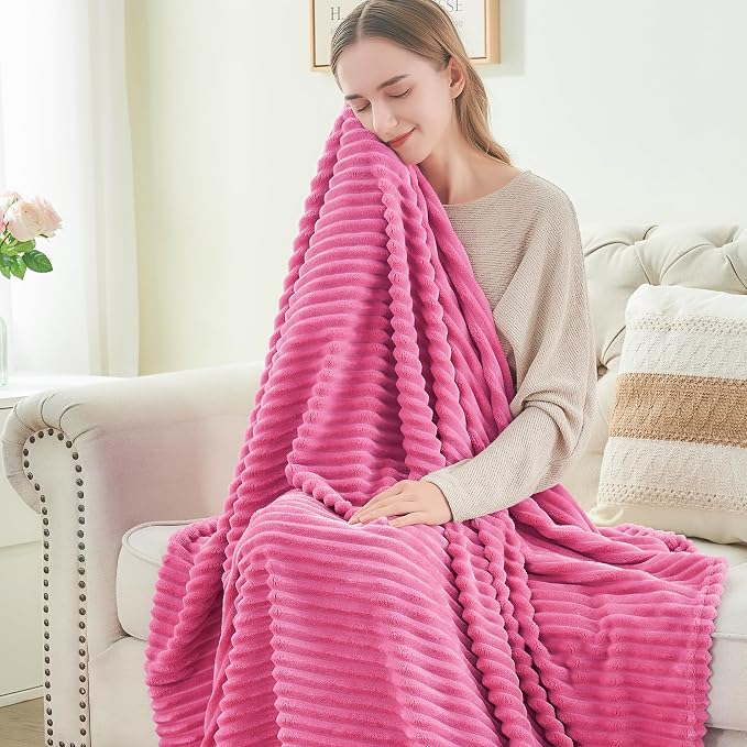 BEDELITE Ribbed Jacquard Hot Pink Fleece Twin Blanket for Bed, 60x80 Inch | Soft Warm Decorative Fluffy Blanket, Cozy Plush Lightweight Fuzzy Throw Blanket for Couch Sofa Room Decor, Gift for Women