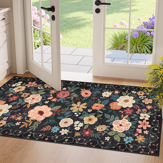 DUKINO 2x4 Entryway Rug, Floral Washable Kitchen Rugs Non Slip, Black | Low Pile, Soft Indoor Runner Rug for Hallway, Bedroom, Bathroom, Laundry, Pet Friendly, Modern Home Decor, Stain Resistant