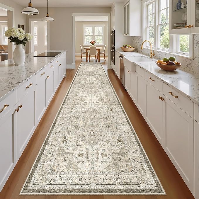 Madane Hallway Runner Rug 2'6''x14' Kitchen Runners Vintage, Ivory/Brown | Long Non-Slip Washable Rugs 14ft for Entryway Laundry and Bedroom, Soft Low Pile Stain-Resistant 2.5x14 Ft Floor Carpet