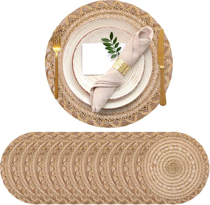 12 Pcs 15 Inch Round Burlap Placemat Boho Jute Woven Charger Bulk Rustic Vintage Natural Brown Heat Resistant Dining Table Mat for Wedding Farmhouse Home Kitchen Easter Summer Party Decoration