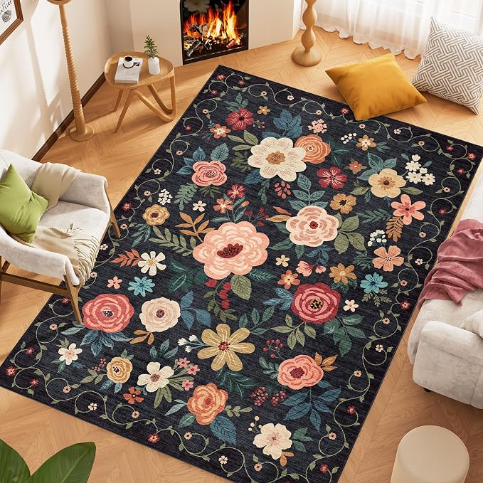 DUKINO 5x7 Area Rugs, Floral Washable Rug for Living Room Non Slip, Black | Soft, Low Pile, Stain Resistant Indoor Rug for Bedroom, Dining Room, Office, Pet Friendly, Lightweight, Modern Home Decor