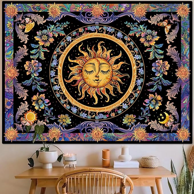 Accnicc Sun and Moon Tapestry Psychedelic Floral Plant Tapestries for Bedroom Aesthetic Hippie Boho Flower Tapestry Wall Hanging for Dorm Living Room (48'' × 36'')