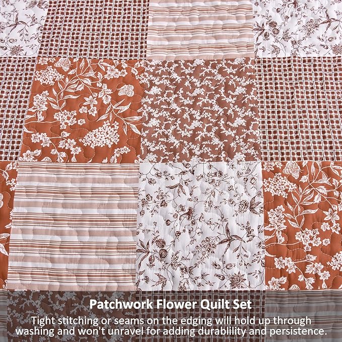 Mybedsoul Burnt Orange Boho Quilt King Size, Patchwork Floral Bedding Set | Soft Lightweight Microfiber Coverlet Set, 3 Pieces Plaid Reversible Bedspread, Bed Sets for All Seasons 90"x110"