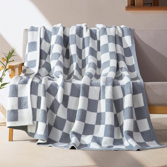 Elegant Comfort Premium Checkered Reversible Throw Blanket - Ultra Soft and Lightweight, Luxury Knitted Breathable Fleece for Couch, Bed, Sofa - Warm Velvet Fluffy Throw, 50 x 70 Inch, Gray