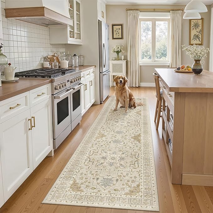 Madane Hallway Runner Rug 2x8 Washable Kitchen Rugs Non-Slip, Beige/Blue | Vintage Machine Washable Low-Pile Floor Carpet 8ft, Soft Ultra-Thin Throw Entry Foyer Mat for Entrance Laundry Living Room