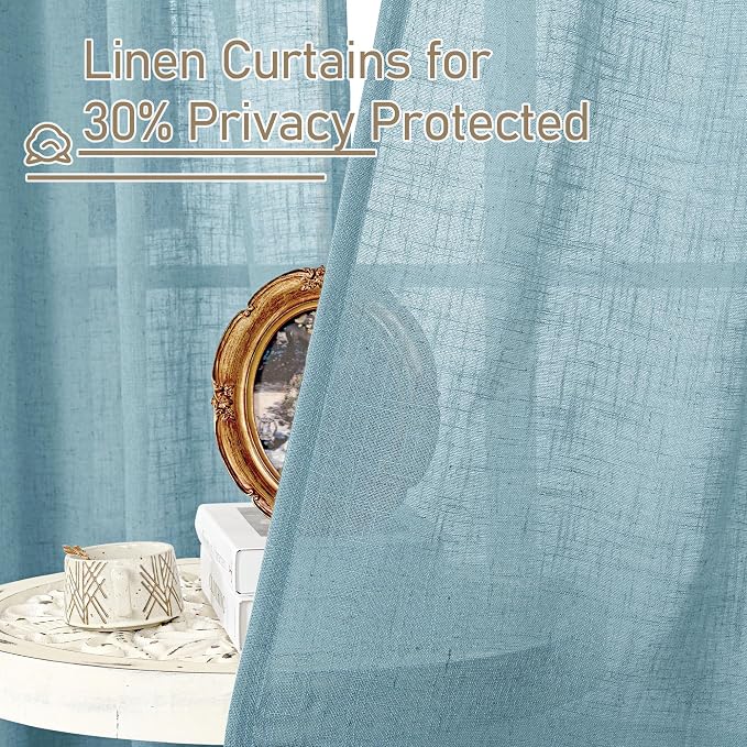 Semi Sheer Window Linen Curtains 54 Inch, 2 Panels, 34 x 54 Inch | Light Filtering Panels, Rod Pocket Back Tab, Country Decor Drapes for Bedroom, Farmhouse, Stone Blue, 2 Panels