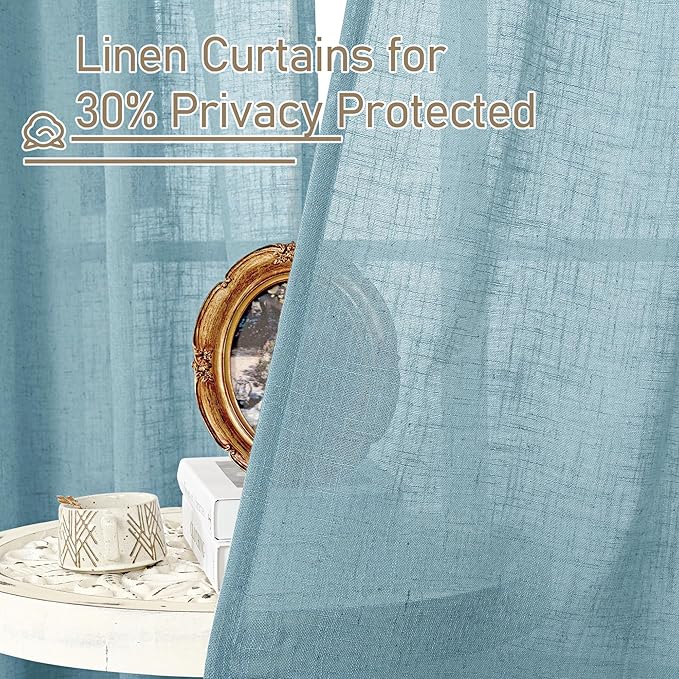 40 Inch Length Linen Curtains for Small Windows Over Silk 2 Panels | Semi Sheer, Light Filtering Panels, Country Decor Drapes for Kitchen, Rod Pocket Back Tab, Stone Blue, 34 x 40 Inch