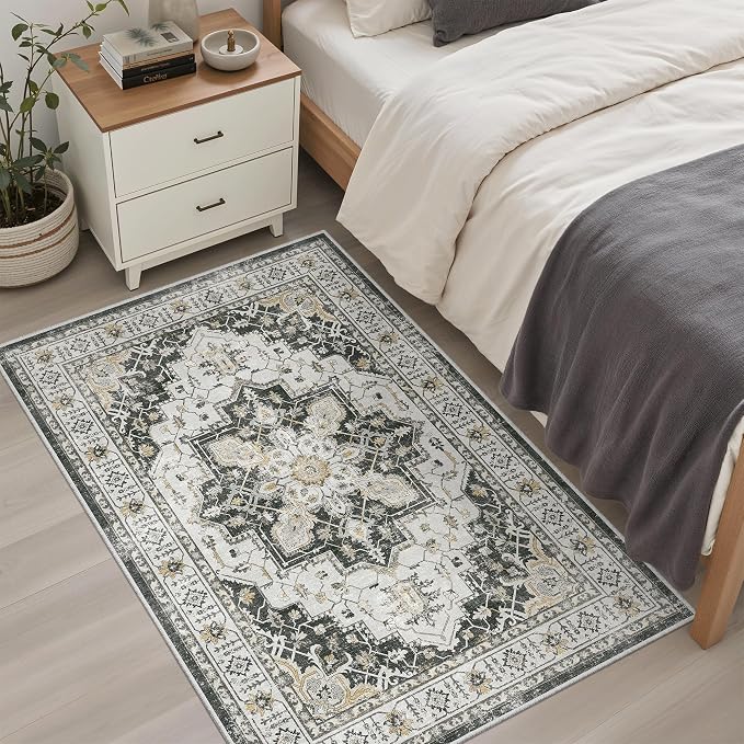 Madane Washable Entry Rug 3x4 Area Rugs for Entryway Kitchen, Black | Vintage Printed Door Mat Indoor Entrance, Low-Pile Floor Carpet Runner for Inside Front Bedroom Kitchen Entry Laundry, Stair