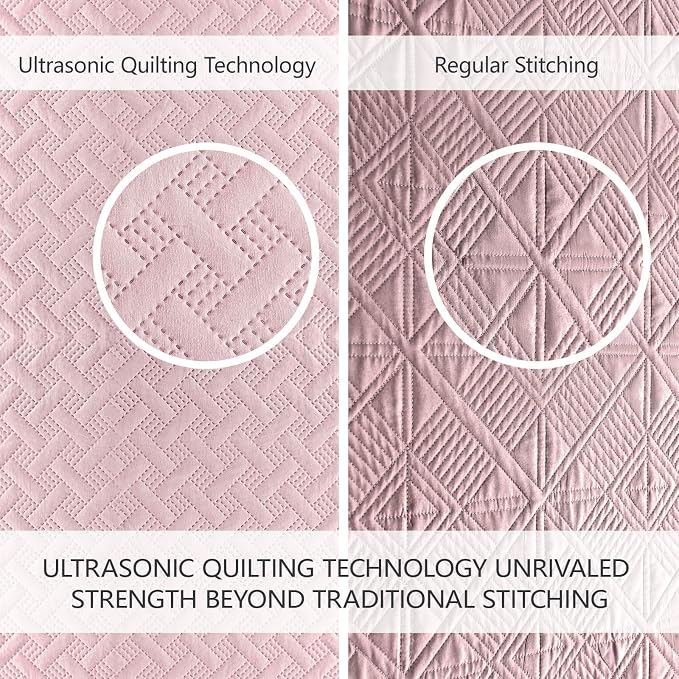 FLYMME King Size Quilt Bedding Set Pink Lightweight Bedspreads Set,Modern Style Geometric Weave Stripe Pattern,Soft Microfiber Bed Coverlet 3 Pieces (1 Quilt, 2 Shams)