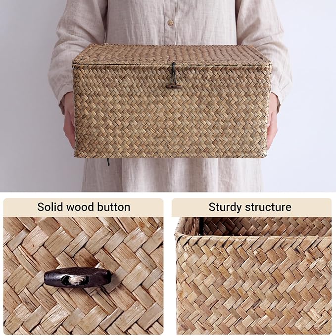 Nonam Large Wicker Basket with Lid,Seagrass Shelf Storage Basket,Coffee | Basket Container for Organizing, Boho Decorative Basket, Rectangular Household Storage Boxes for Home Organization