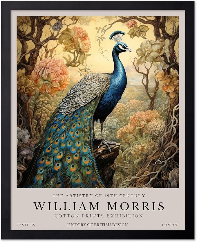 Poster Master William Morris Poster - Peacock Print - Bird Art - Botanical Design - Flower Art - Exhibition Display - Animal Illustration - Floral Design - Aesthetic Office or Bedroom Decor - 16x20 Black Framed