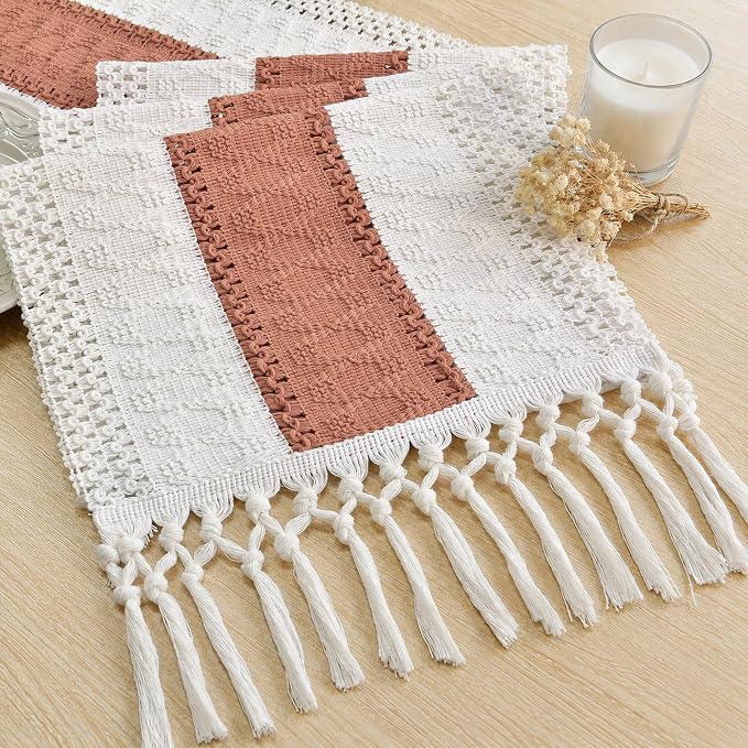 FEXIA Boho Table Runner for Home Decor 12x72 Coral Farmhouse Decorations | 72 Inches Long with Tassels Rustic Table Runner Macrame Burlap Centerpieces for Living Dining Room Bedroom Kitchen
