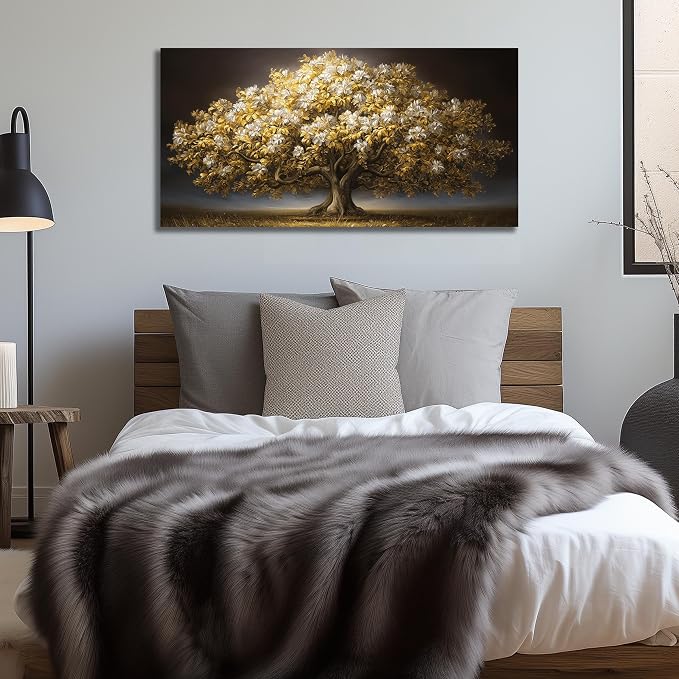 DNIEOTU Tree Wall Art for Living Room, White Flower and Gold Leaves Canvas Wall-Decor for Bedroom, Landscape Picture Prints for Hallway Office, Size 40 x 20 Inches