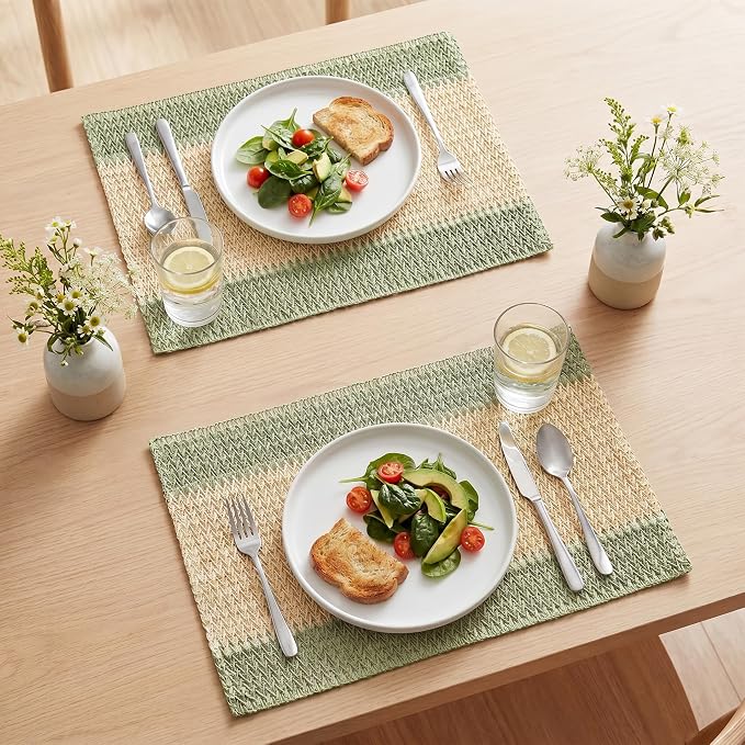 Artoid Mode Light Green Paper Woven Farmhouse Stripe Placemats Set of 4,12x18 Inch Seasonal Holiday Table Mats Party Kitchen Dining Decoration